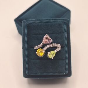 Swarovski Crystal Multi Stone Bypass Ring Pink Yellow Green Silver Tone NWT